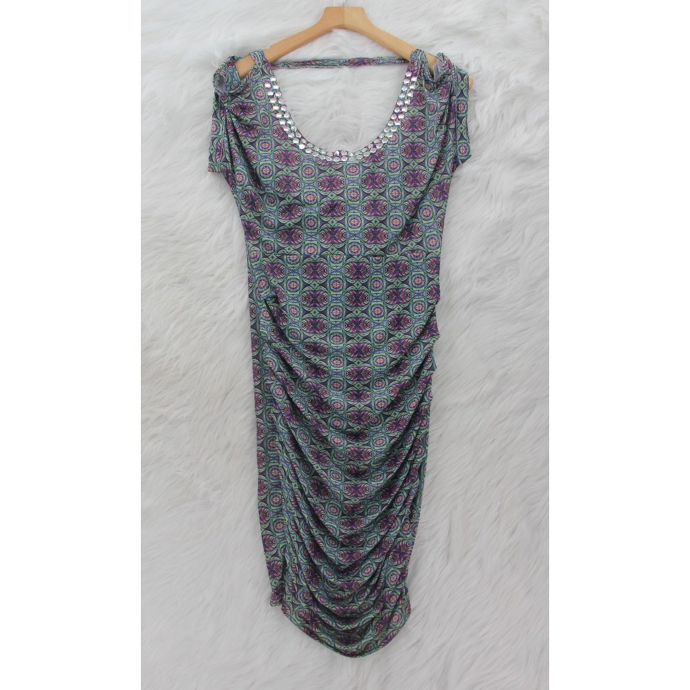 Apple Bottoms Ruched Geometric 90's Y2K Body Con Embellished Dress Sz. L #234